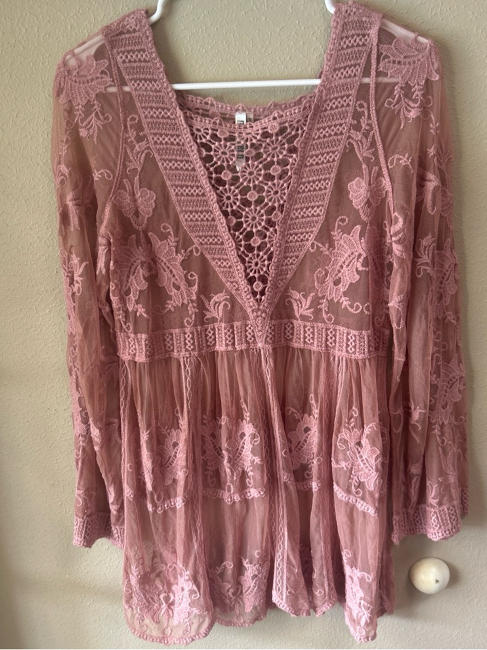 Dusty Rose Crochet Lace Sheer Peasant Tunic Size M